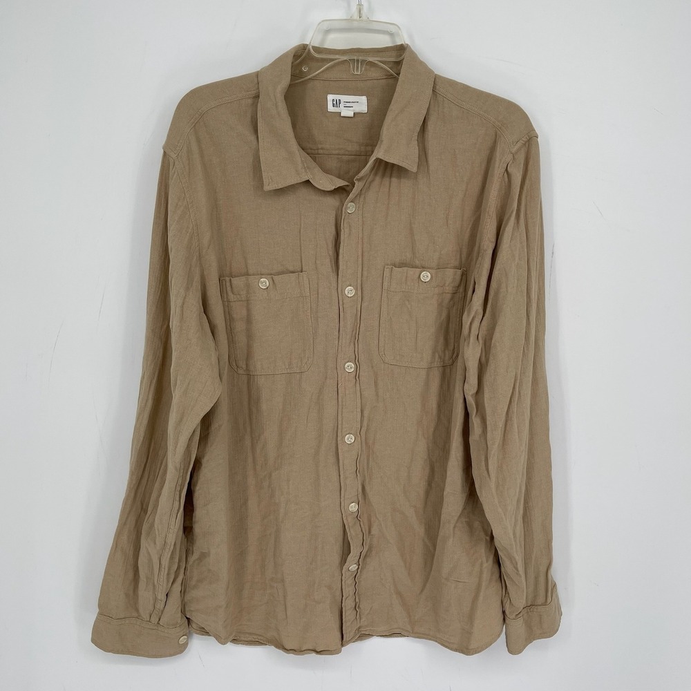 GAP Men's Beige Herringbone Standard Utility Fit Button Front Top Shirt Size L